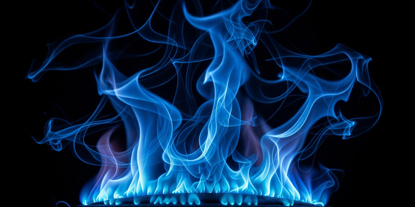 Close up macro shot of blue gas furnace flames in the dark.