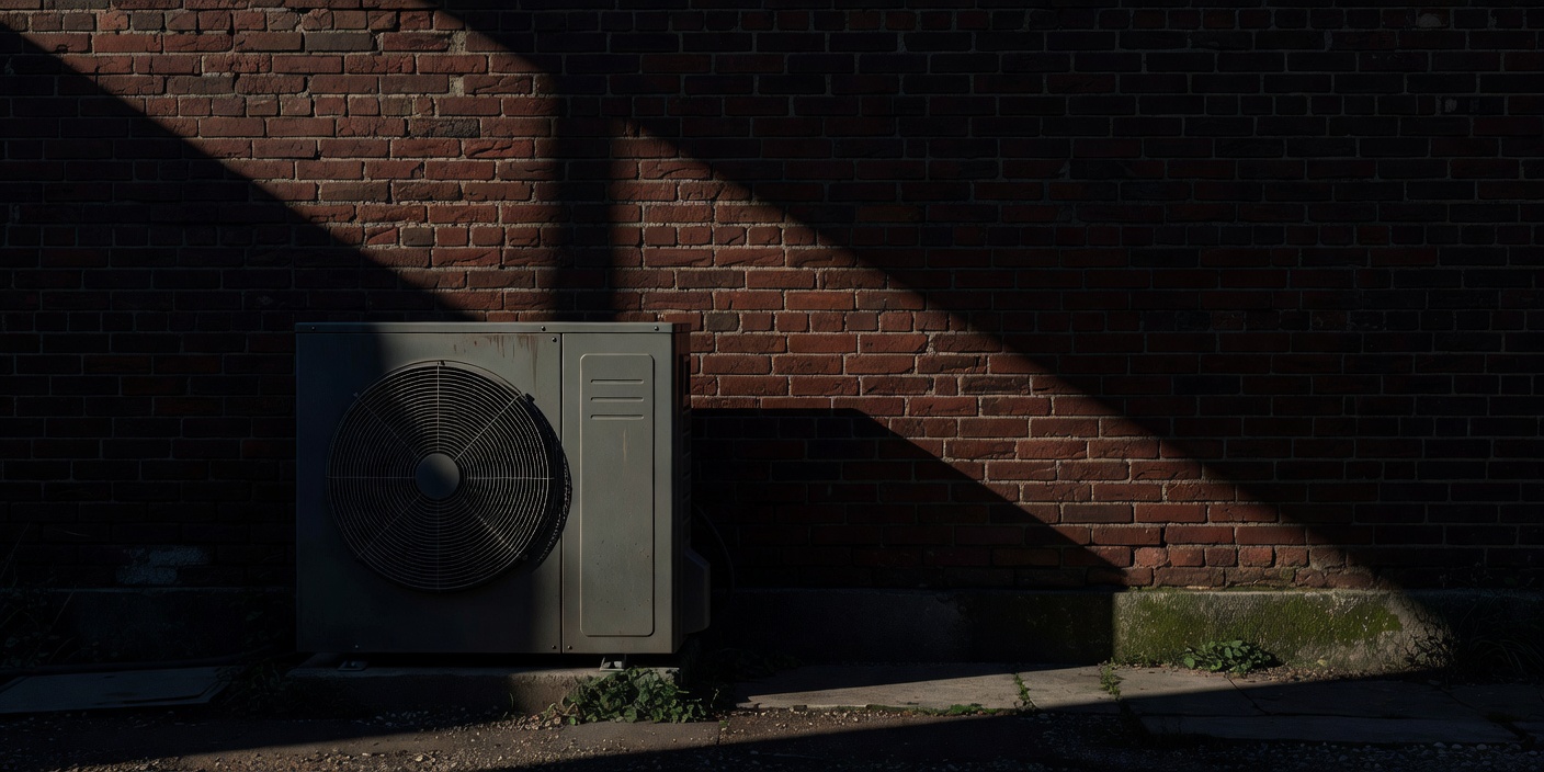 An outdoor heat pump compressor unit cast in deep shadows against a brick wall.