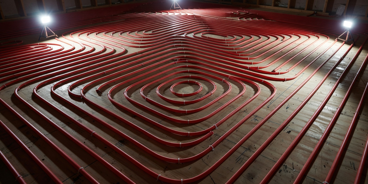 PEX tubing laid out in a complex grid over subfloor, ready for concrete pouring, illuminated by stark work lights.