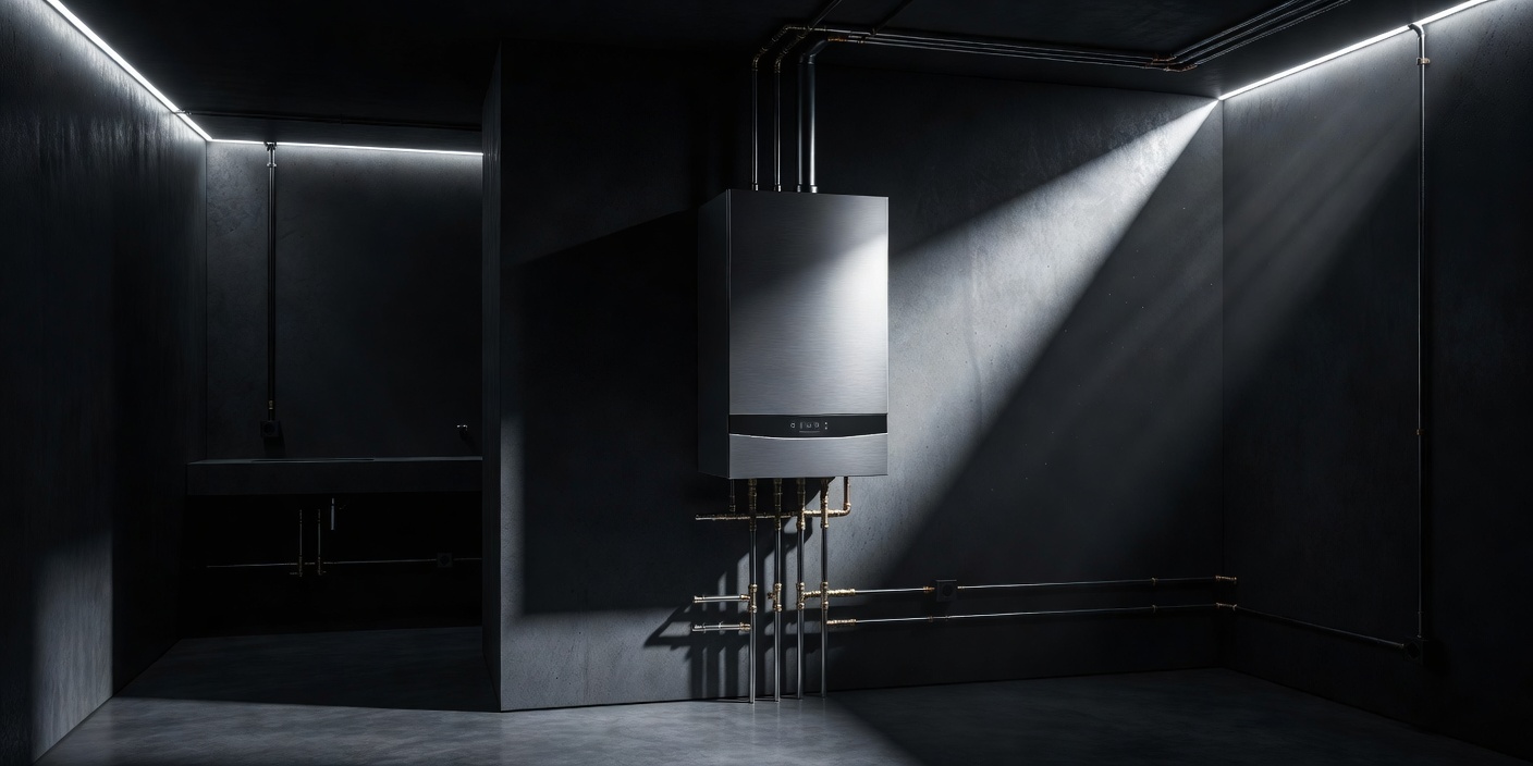 A sleek, modern wall-hung condensing boiler in a dark utility room with sharp accent lighting.